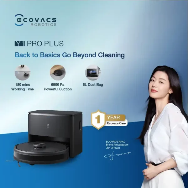 Robot vacuum cleaner ecovacs deebot Y1 pro plus dengan warna hitam yang membantu membersihkan ruangan